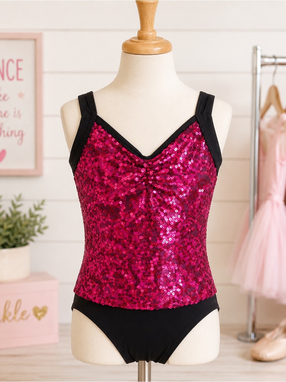 Weissman Pink Sequin Dance Costume Leotard & Scrunchie Child Medium NWT